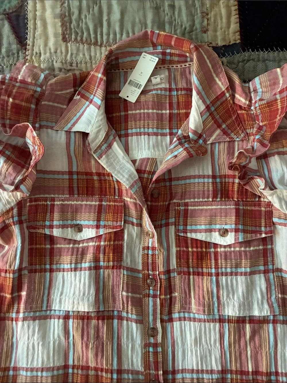 Anthropologie Pink & White Plaid Puff-Sleeve Button-Up Blouse